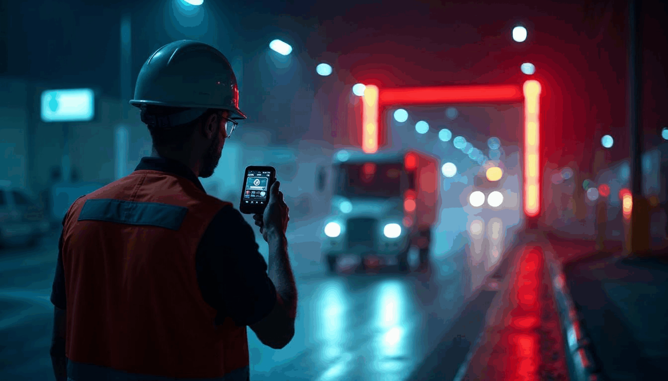 Truck driving through RFID and a personnel checking the item scanned Truck driving through RFID and a personnel checking the item scanned