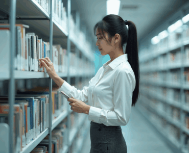 A young Asian woman with long black hair, wearing a formal office wear, in a classic company library, examining the lower shelves for a specific title.