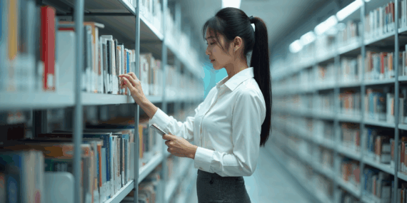 A young Asian woman with long black hair, wearing a formal office wear, in a classic company library, examining the lower shelves for a specific title.
