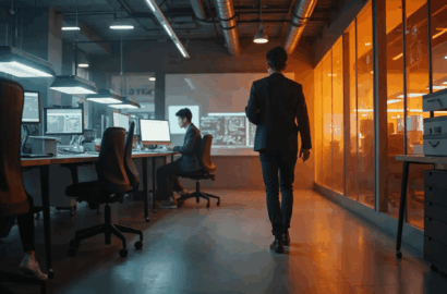 Guy walking out of office